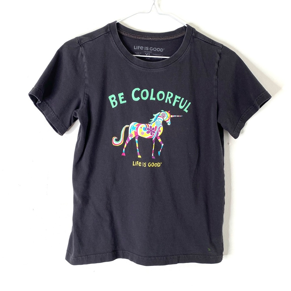 Life is Good “Be Colorful” Unicorn Graphic Crusher Tee Dark Grey 100% Cotton